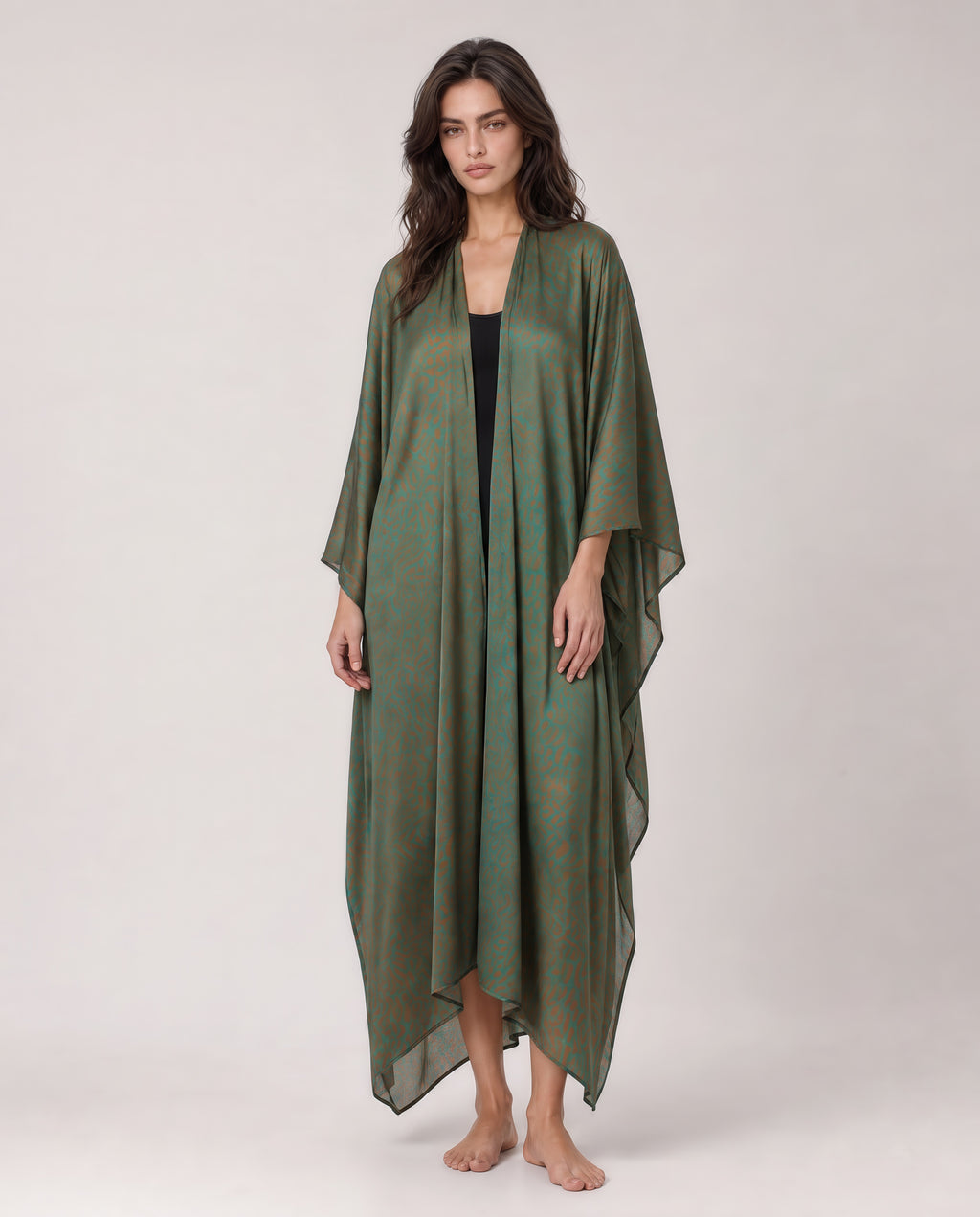 Federica Mantelli Savana - mantello, animalier verde oliva e marrone, vista frontale, taglia unica, Made in Italy