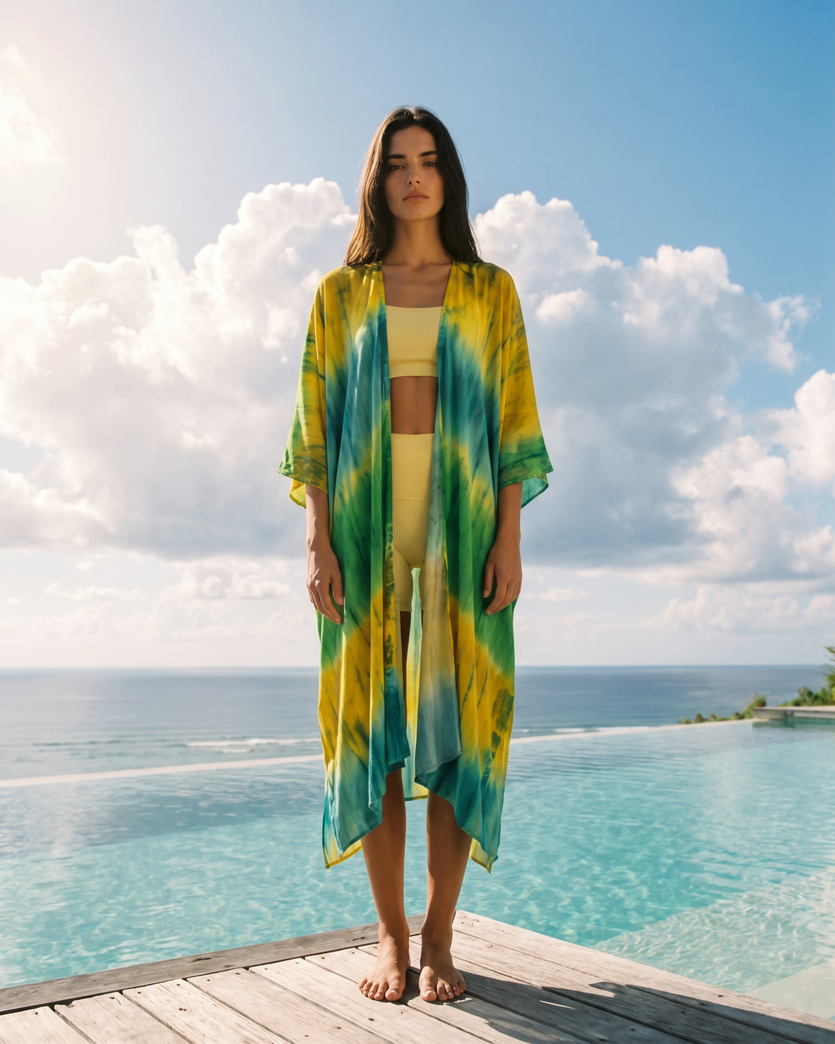 Federica Mantelli Laguna - mantello, tie-dye giallo, verde acqua e teal, indossato in un contesto lifestyle
