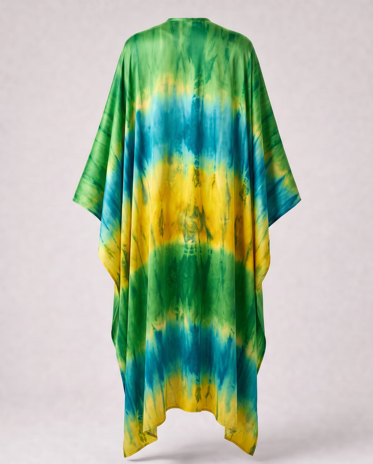 Federica Mantelli Laguna - mantello, tie-dye giallo, verde acqua e teal, vista posteriore