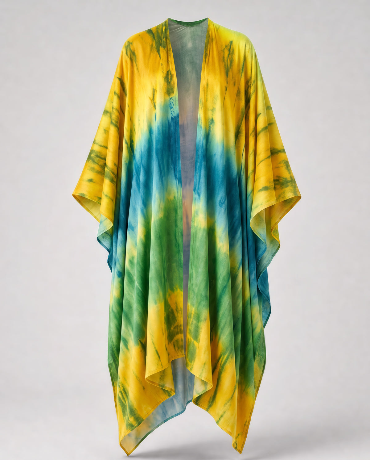 Federica Mantelli Laguna - mantello, tie-dye giallo, verde acqua e teal, disteso, vista frontale