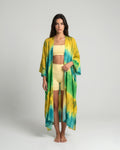 Federica Mantelli Laguna - mantello, tie-dye giallo, verde acqua e teal, vista frontale, taglia unica, Made in Italy