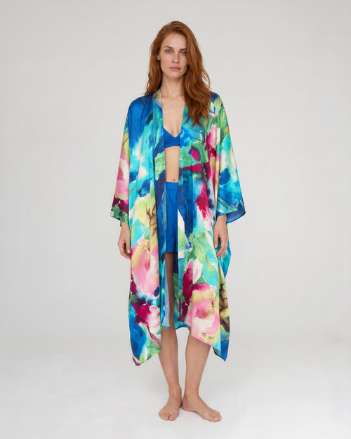 Federica Mantelli Acquerello - mantello, fiori ad acquerello turchese, rosa e magenta, vista frontale, taglia unica, Made in Italy