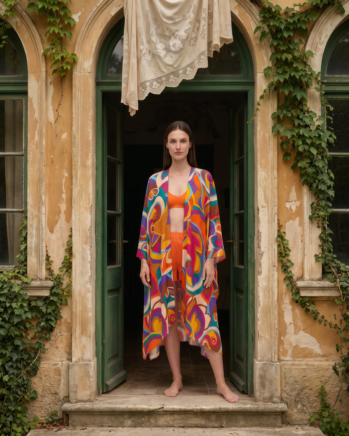 Federica Mantelli Vertigine - mantello, spirali arancio, viola, turchese e fucsia, outfit quotidiano