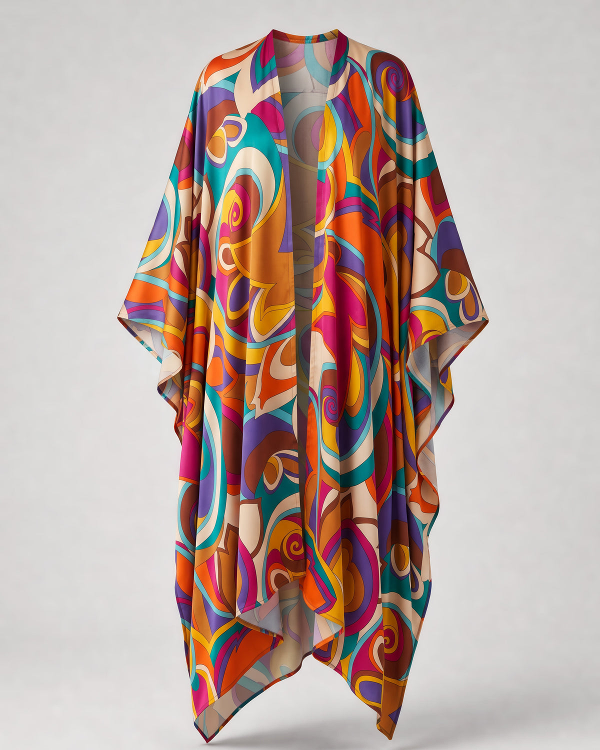 Federica Mantelli Vertigine - mantello, spirali arancio, viola, turchese e fucsia, disteso