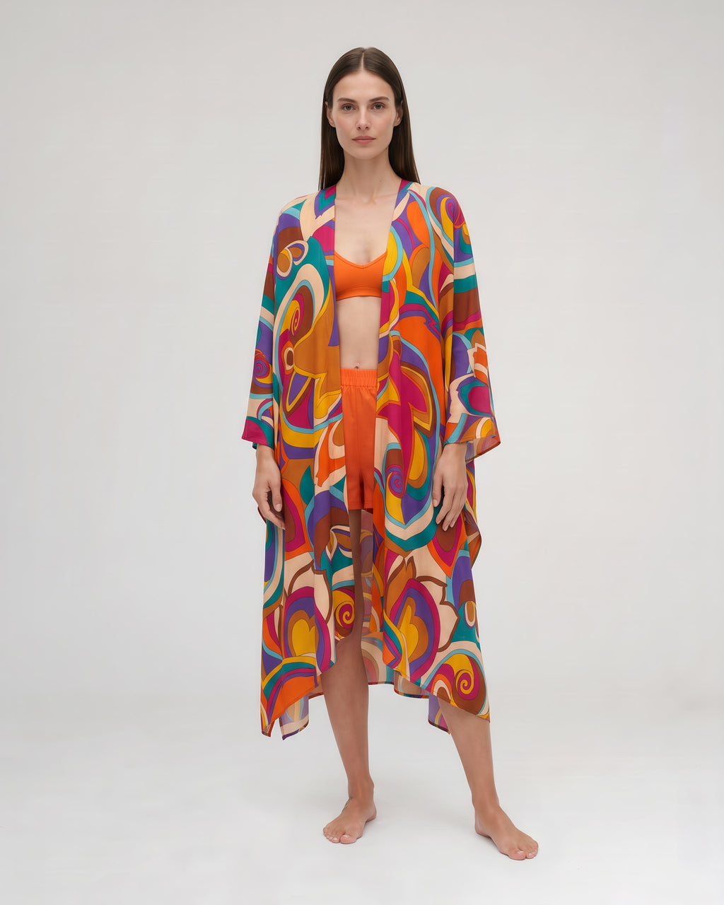 Federica Mantelli Vertigine - mantello, spirali arancio, viola, turchese e fucsia, vista frontale, taglia unica, Made in Italy