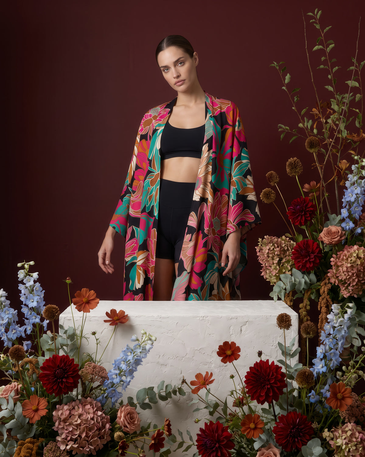 Federica Mantelli Passione - mantello, nero con fiori fucsia, indossato in un contesto lifestyle