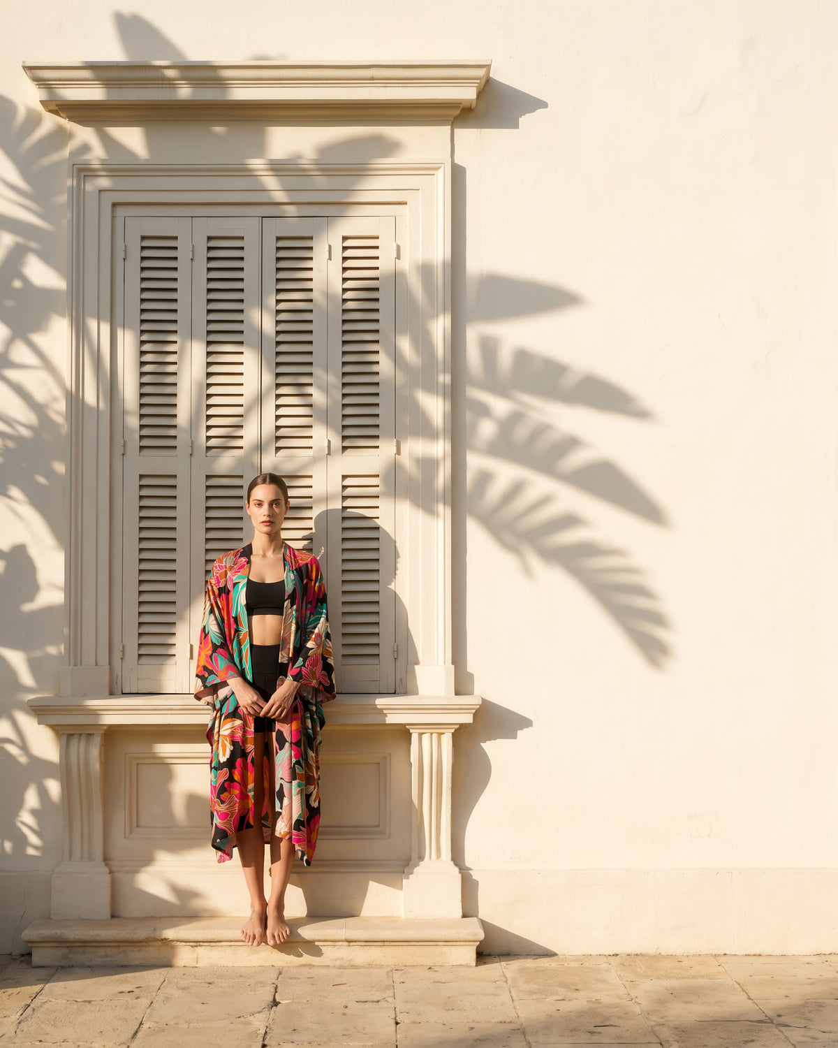 Federica Mantelli Passione - mantello, nero con fiori fucsia, indossato all'aperto