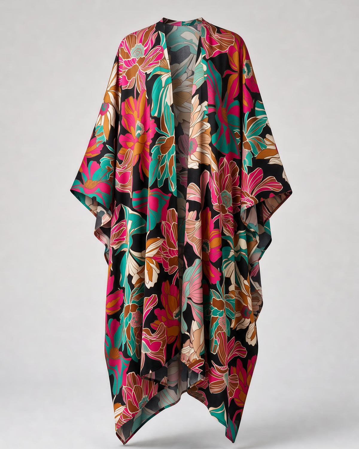 Federica Mantelli Passione - mantello, nero con fiori fucsia, disteso