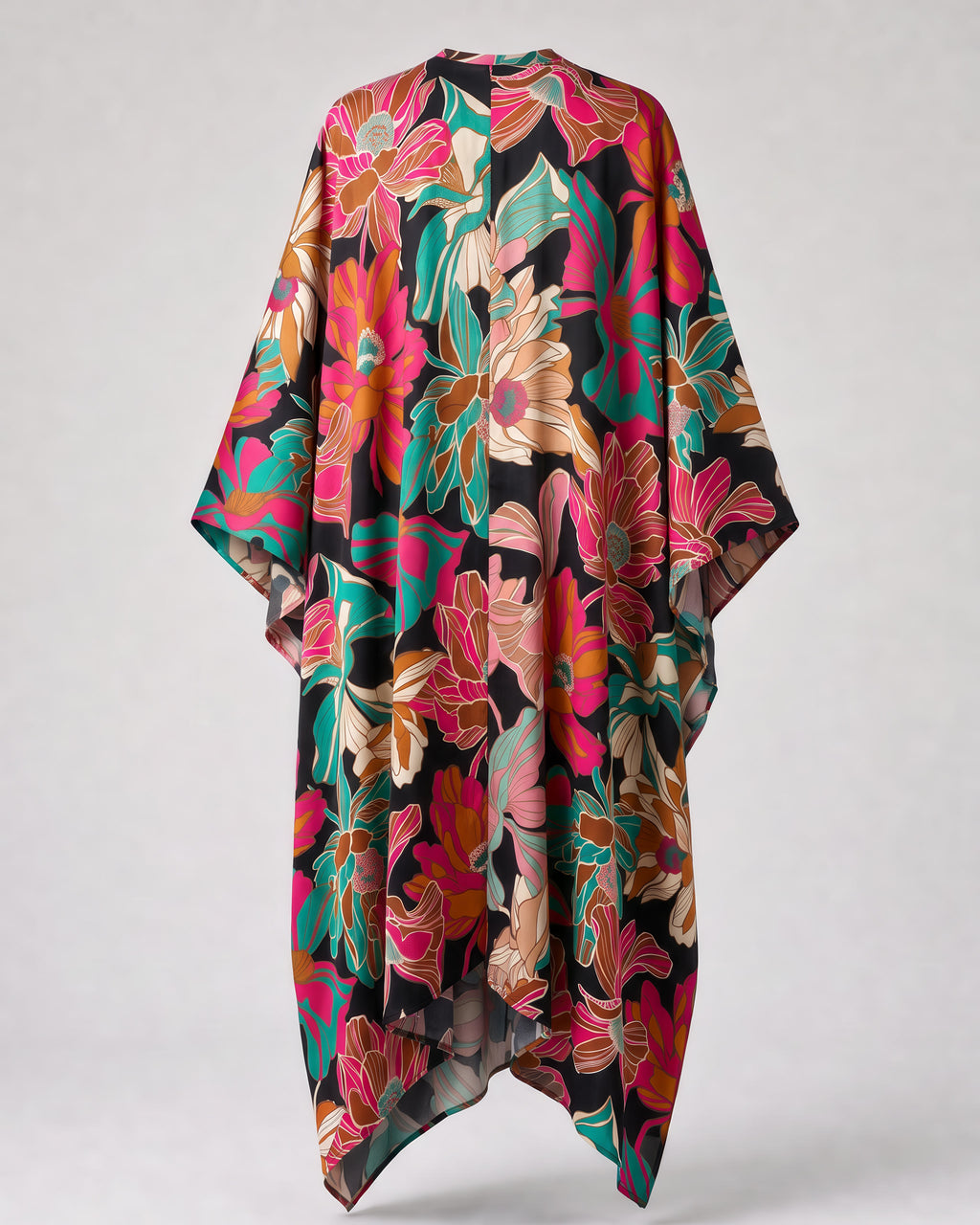 Federica Mantelli Passione - mantello, nero con fiori fucsia, vista posteriore